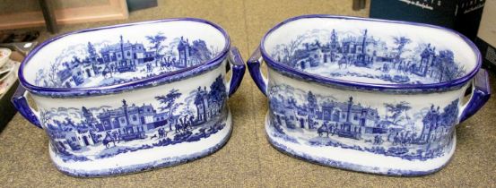 A Pair of Reproduction Blue and White Pottery Foot Baths, 501cm by 31cm by 21cm