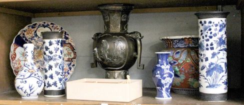 A Chinese Twin Handled Bronze Vase, and a quantity of Chinese and Japanese porcelain, including