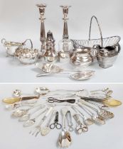 A Collection of Assorted Silver Plate, including a pair of candlesticks; an oval wirework basket;