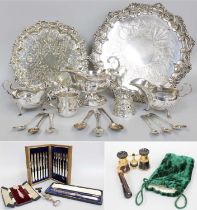 A Collection of Assorted Silver and Silver Plate, the silver including a pair of sauceboats and a