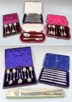A Collection of Assorted Cased Sets of Flatware, including a set of teaspoons and sugar-tongs, in