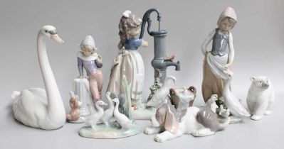 Six Lladro Figures, including girl at the water pump, together with a Nao figure (one tray)