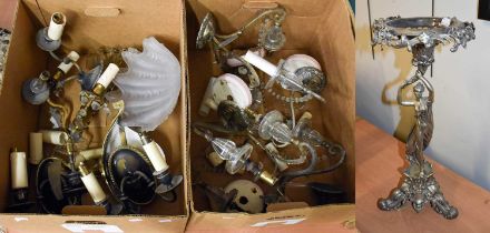 Assorted Wall Light Fittings, including an Art Deco gilt metal example with frosted glass shell form
