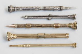Five Various Silver of Silver-Gilt Propelling Pens or Pencils, in the manner of Sampson Mordan,