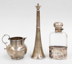 Three Various Silver Items, comprising a silver cigar-lighter, in the form of a hunting-horn, by