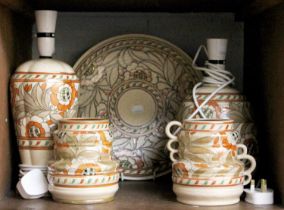 Charlotte Rhead for Crown Ducal, two tablelamps, two vases and a charger (5)