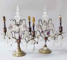 A Pair of Twin Light Table Lamps, ornamented with lustre drops, with double scrolling branches