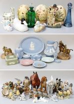 A Small Group of Wedgwood Blue and Green Jasperware, various animal models including Beswick,