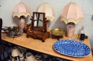 A Victorian Mahogany Toilet Mirror, together with three modern pottery table lamps, a pearlware meat