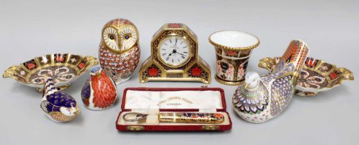 A Collection of Royal Crown Derby Imari Porcelain, including four paperweights formed as birds "