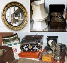 A Collectable Lot Including, a Gramaphone, Mamod steam tractor, slate clock, powder flask, etc