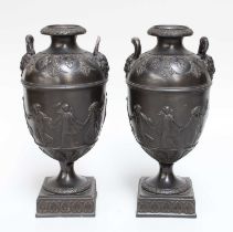 A Pair of Wedgwood Black Basalt Vases, early 19th century, Neo Classical style with satyr mask