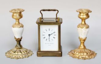 Matthew Norman, London, Brass Carriage Timepiece, 14cm high over handle and a pair of gilt metal