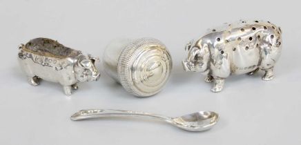 A Silver Pig Pin Cushion, another nutmeg grater, and condiment spoon The nutmeg-grater is probably