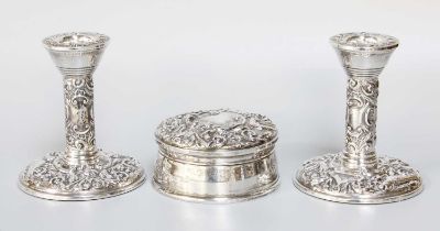 A Pair of Elizabeth II Silver Candlesticks and a Ring-Box En Suite, by Broadway and Co., Birmingham,