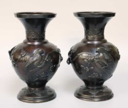 A Pair of Japanese Bronze Overlay Vases, late Meiji period, decorated with birds and blossoming