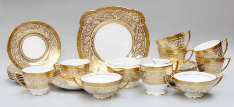 Minton Porcelain Ball Teaset, comprising six cups, saucers and side bowls, sugar bowl, milk jug