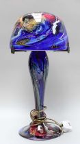 An Art Nouveu Style Studio Glass Table Lamp, after La Verre Francais, blue glass with polychrome