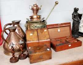 Two 19th century Copper Harvest Jugs, a copper tea urn with integral burner and kettle, a 19th