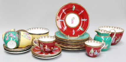 A Copelands China Six Place Teaset, decorated in red, green and yellow coloured grounds and with