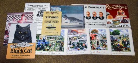 Seven Various Modern Advertising Signs, tobacco, soap, Titanic, etc., together with four "spring