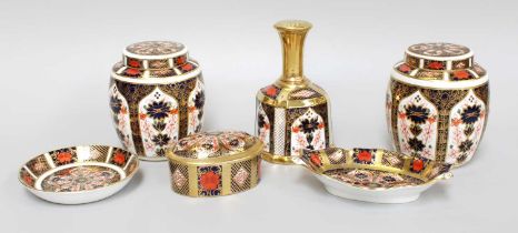 Two Royal Crown Derby Porcelain Ginger Jars and Covers, decorated in Imari pattern 1128, 10.5cm