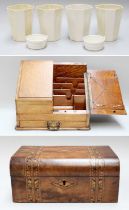 An Edwardian Oak Desk Correspondance Box, a walnut box with stained decoration, four Beleek