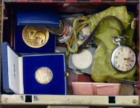 Early 20th Century Strongbox, containing a Victorian Crown 1895, A Leonidas pocket watch with