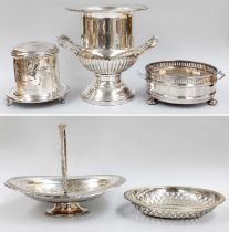 A Collection of Assorted Silver Plate, including a basket with overhead swing handle; a biscuit-