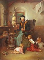 Attributed to Rudolf Epp (1834-1910) German Grandmother winding wool with her grandchildren Signed