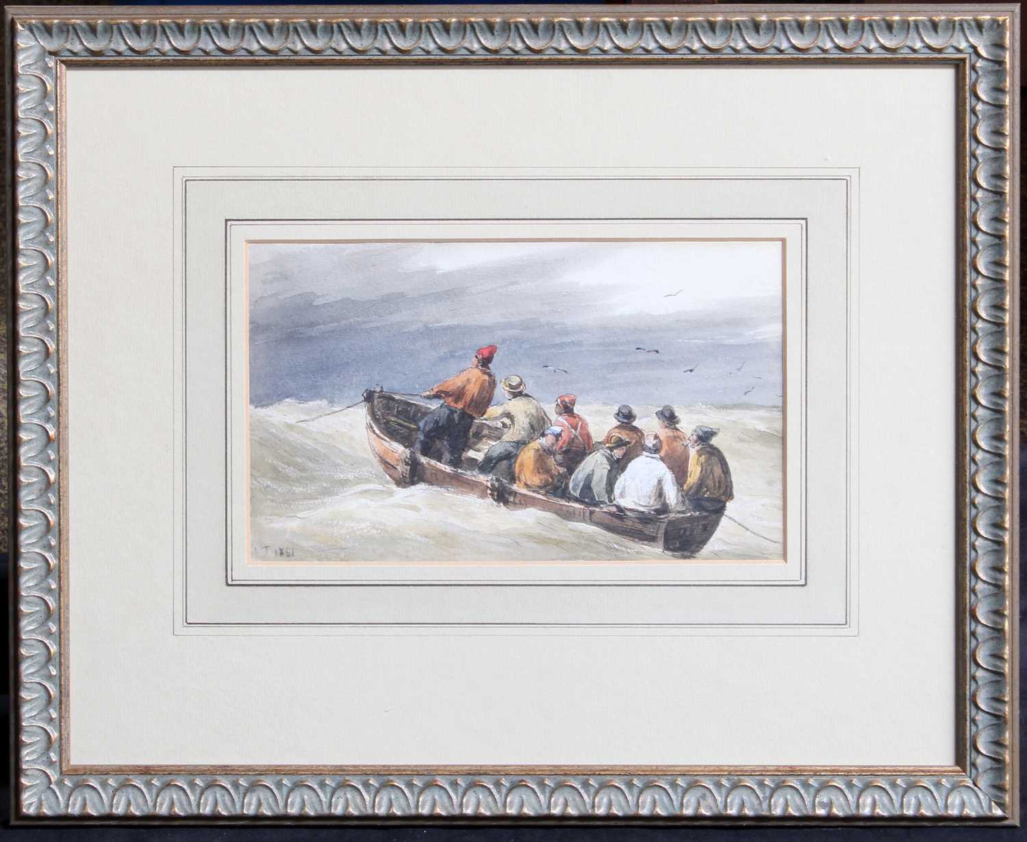 British School (19th Century) Fishermen in a row boat Initialled I.T? and dated 1861, watercolour, - Image 2 of 2