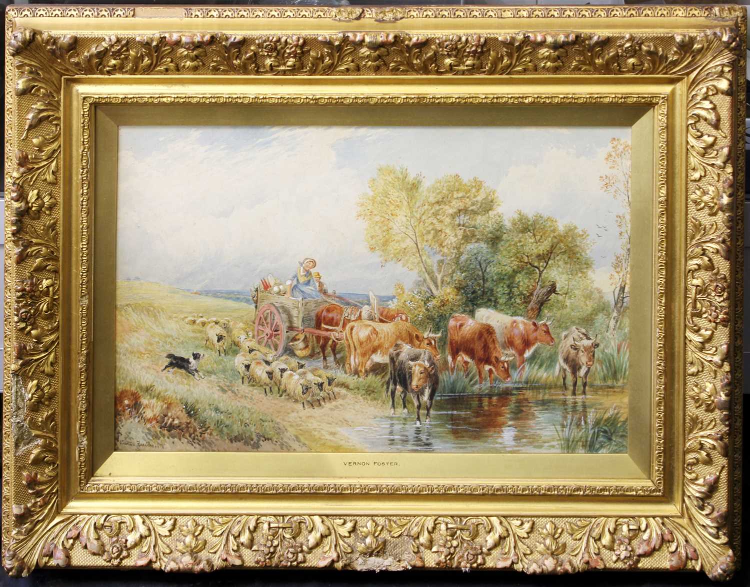 Vernon Foster (fl.1880-1920) Landscape cart with cows and sheep by stream Signed, watercolour, - Image 2 of 4