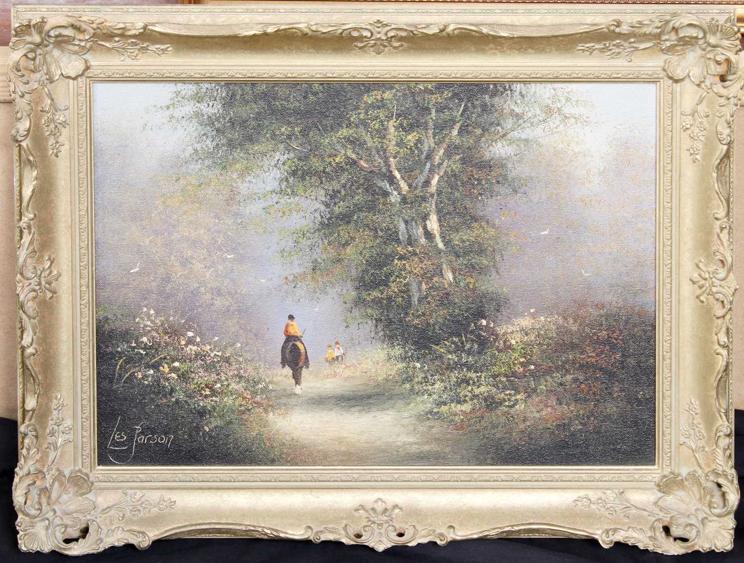 Les Parson (20th Century) Figures and a horse on a country lane Signed, oil on canvas, together with - Image 3 of 4