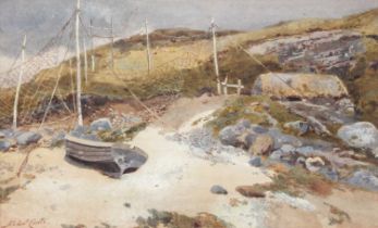 Hubert Coutts (1850-1921) Beached Boat and fishing nets Signed, watercolour, 21.5cm by 33.5cm