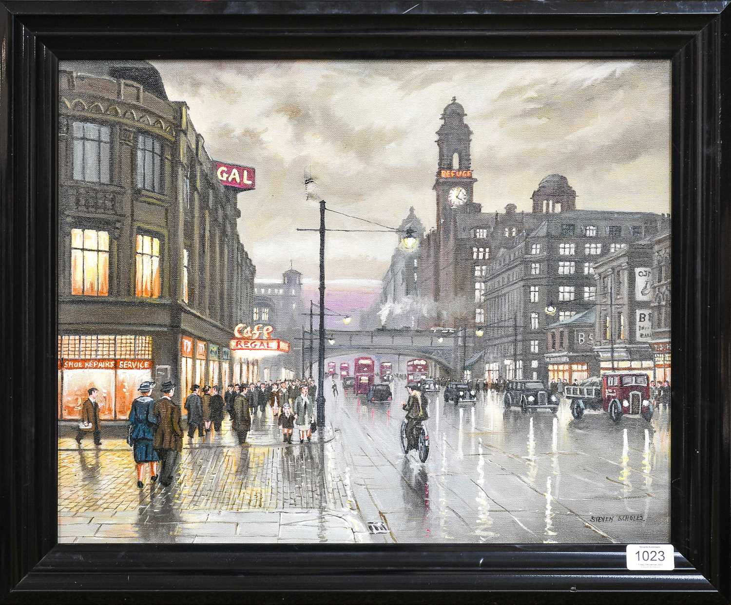 Steven Scholes (b.1952) "Oxford Road, Manchester, 1958" Signed, oil on canvas, 39cm by 49cm Hole - Image 2 of 2