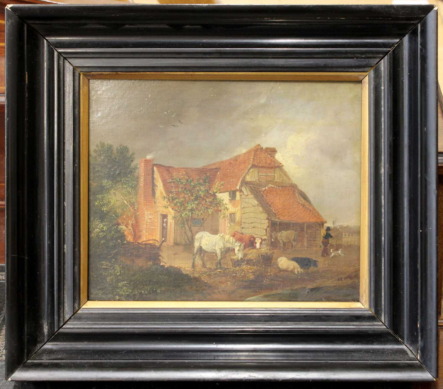 Edmund Bristow Farmyard with horses and pigs Signed oil on panel - Image 2 of 2