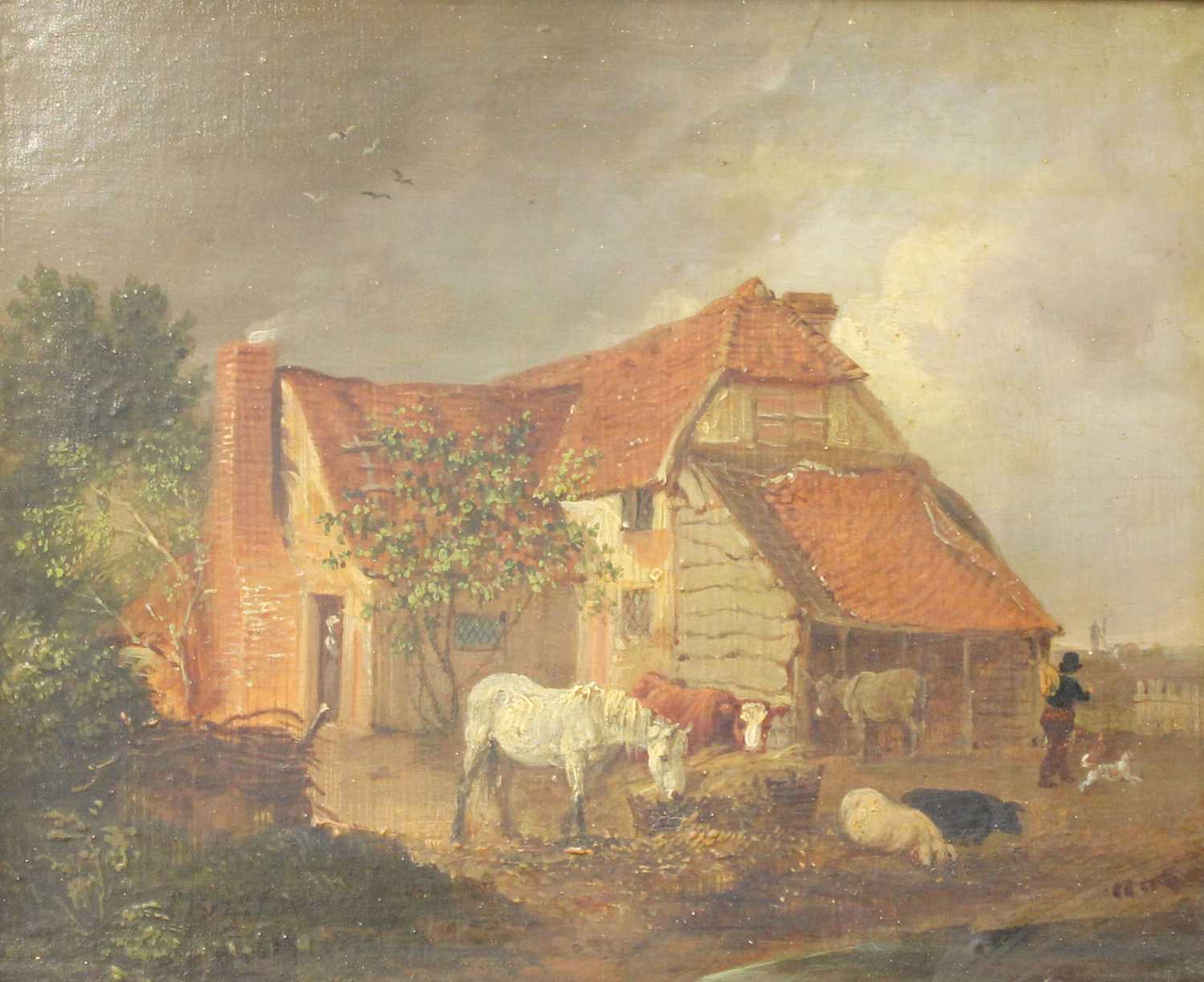 Edmund Bristow Farmyard with horses and pigs Signed oil on panel