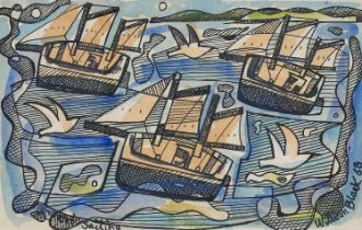 William Black (20th Century) "Flying & Sailing" Signed, inscribed and dated (19)68, ink and wash,