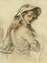 Robert Gibb RSA (1845-1932) Scottish "The Gardners Daughter - study" Initialled, pastel, 38cm by