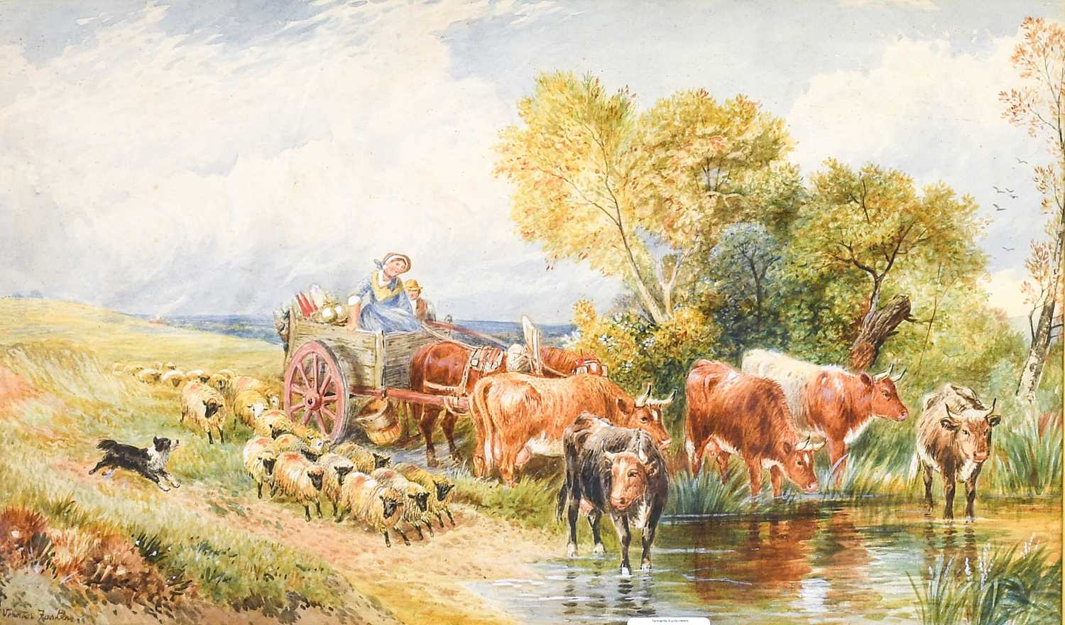 Vernon Foster (fl.1880-1920) Landscape cart with cows and sheep by stream Signed, watercolour, - Image 4 of 4