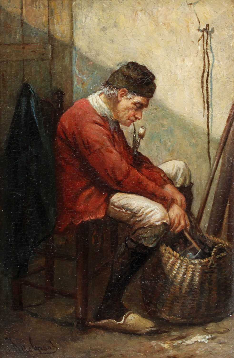 Belgian School (19th Century) Seated gentleman smoking a pipe Signed, oil on panel, 18cm by 11cm
