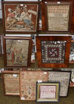 A Square Alphabet Sampler, Ann Fawcett, aged 18, May 1833, 31cm by 28cm, together with other