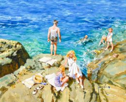 John Haskins (b.1938) ''Seaside Summer'' Signed, oil on board, 49.5cm by 59.5cm Provenance: Orchid