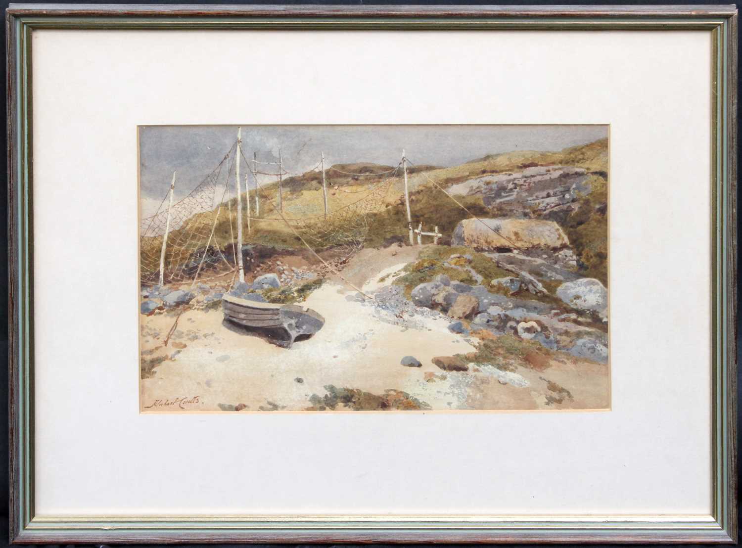Hubert Coutts (1850-1921) Beached Boat and fishing nets Signed, watercolour, 21.5cm by 33.5cm - Image 2 of 2