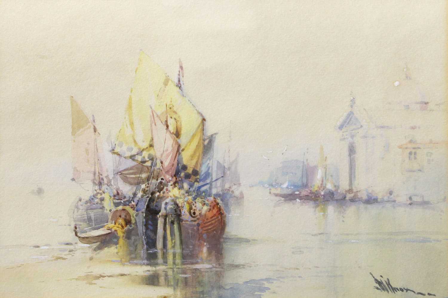 Wilfred Knox (1884-1966) Ventian Scene with heavily laden boats Signed watercolour, together with