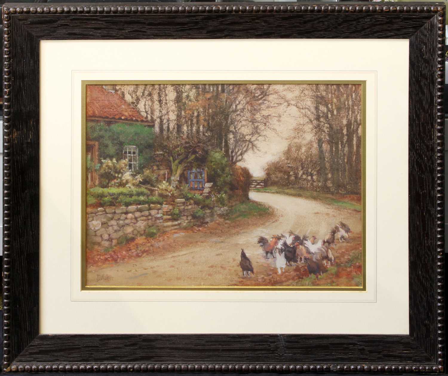 John Dobby Walker (1863-1925) Chickens grazing before a cottage Signed, watercolour heightened - Image 2 of 2