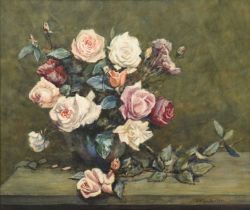 James William Booth RCam A (1867-1953) "Roses" Signed and dated 1936 with original artist's label