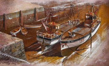 Peter Caldwell (20th Century) Moored fishing boats Signed, acrylic on board, 66cm by 107cm
