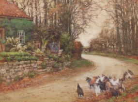 John Dobby Walker (1863-1925) Chickens grazing before a cottage Signed, watercolour heightened