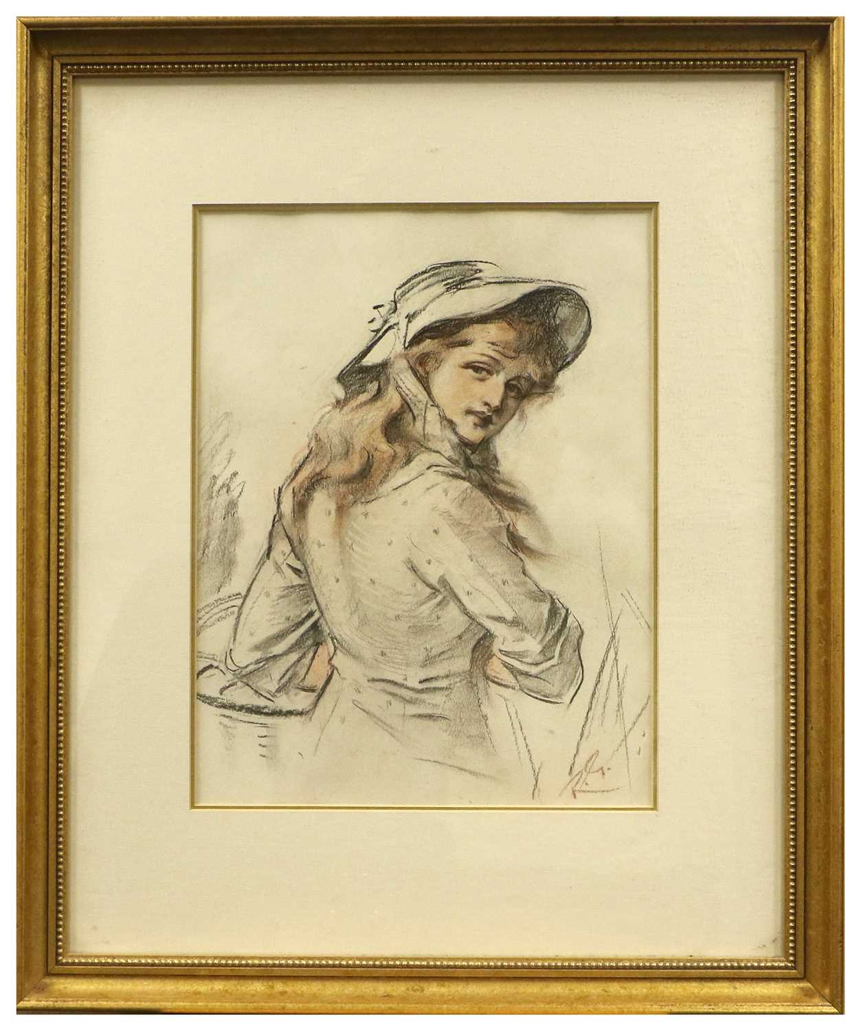 Robert Gibb RSA (1845-1932) Scottish "The Gardners Daughter - study" Initialled, pastel, 38cm by - Image 3 of 4